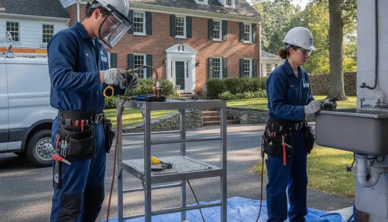 Hartford, CT plumber repairing a leak for a local plumbing service vehicle