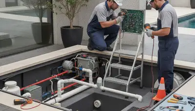 Spa repair technician servicing a Hartford, CT home spa for reliable plumbing maintenance